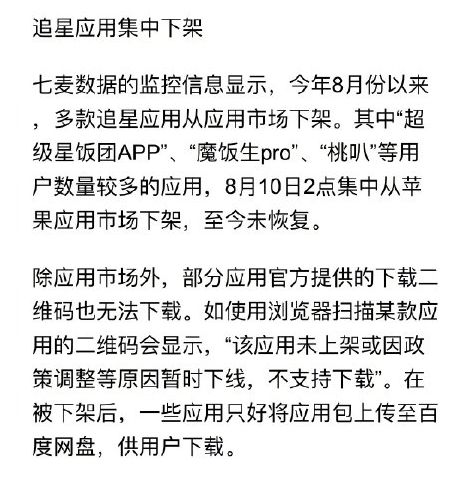 多款追星应用下架 包括超级星饭团APP、魔饭生Pro、桃叭等